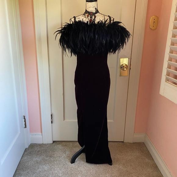 Vintage Velvet Gothic Gown with Feather Neckline - Picture 3 of 13